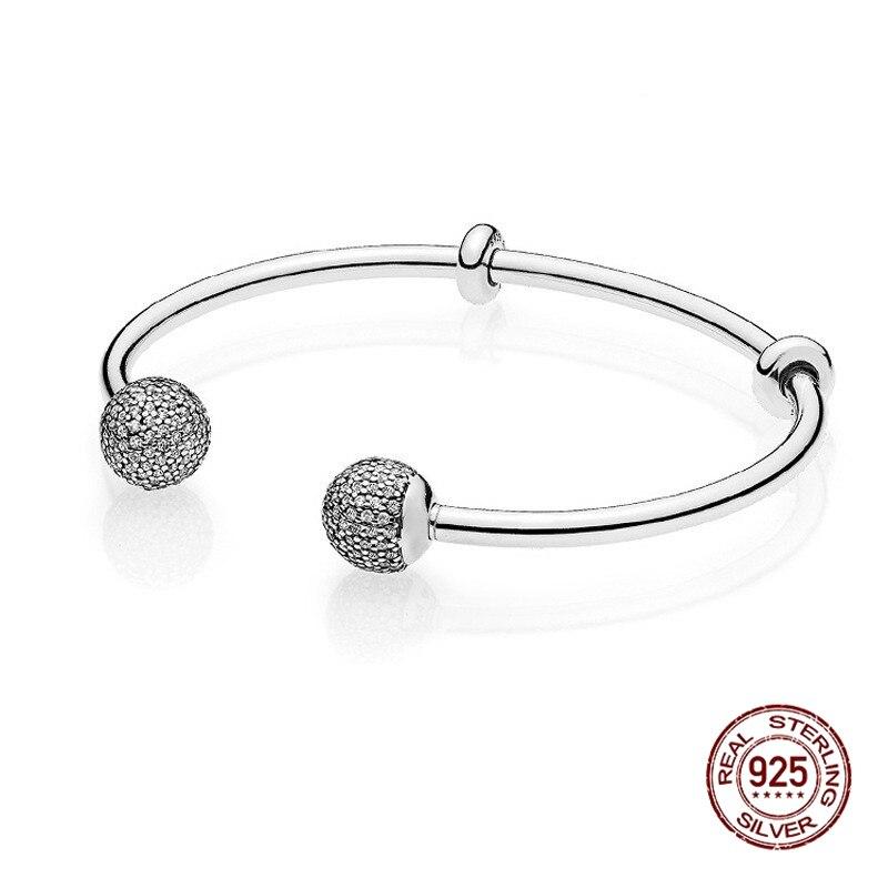Plata  Sterling Tone Bracelets Sterling Tone Heart Classic Open Wrist Bracelet Women Fit Original Charm Beads Jewelry Present