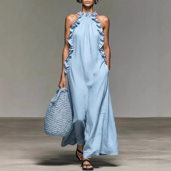 Summer Maxi Dress for Women Ruffle Halter Sleeveless Long A-Line Dress Casual Beach Vacation Flowy Sundress