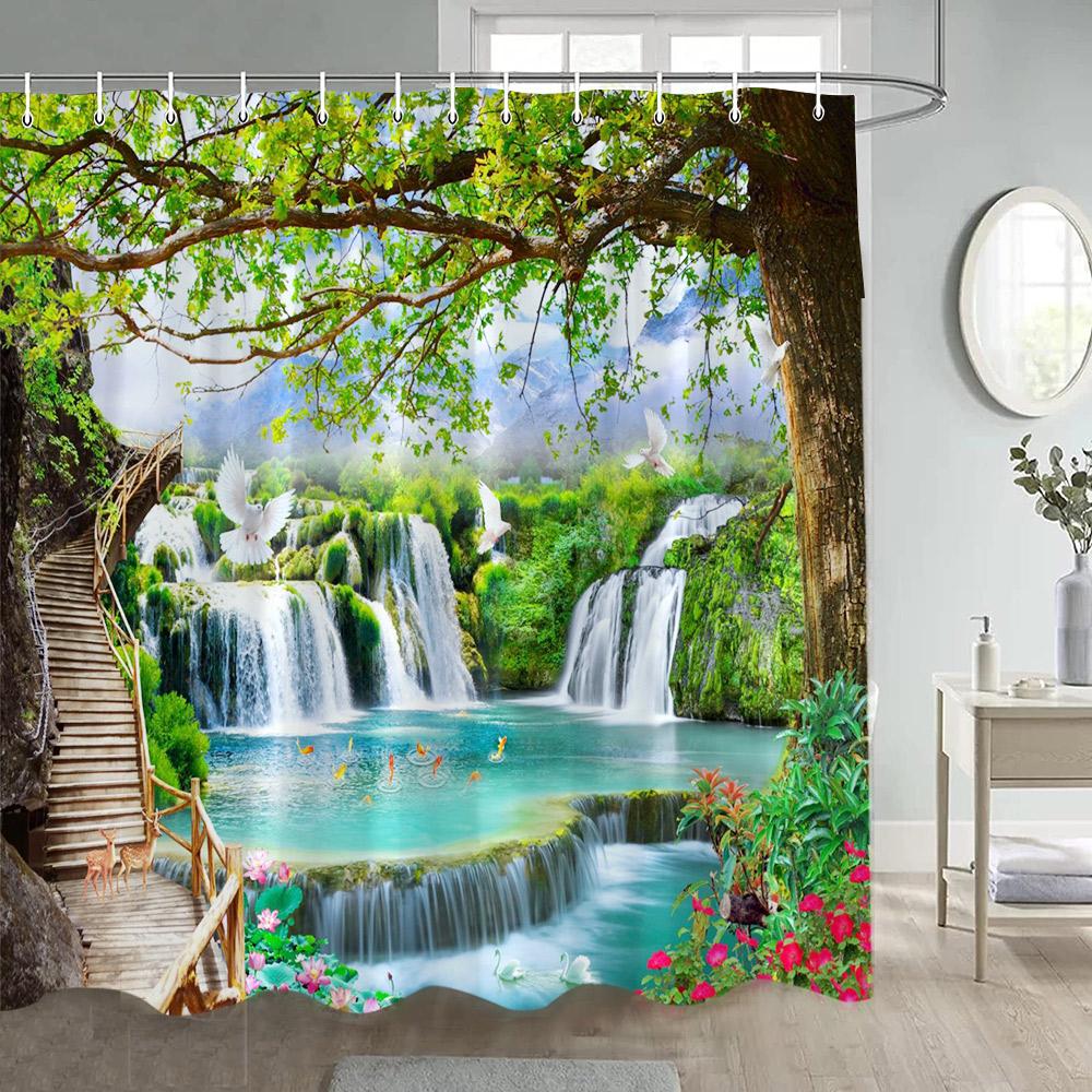 Rustikale Wasserfall-Landschaft Duschvorhänge Natur Wald See Lotus Schwan Chinesischer Stil Badezimmervorhang Heimdekoration Mit Haken
