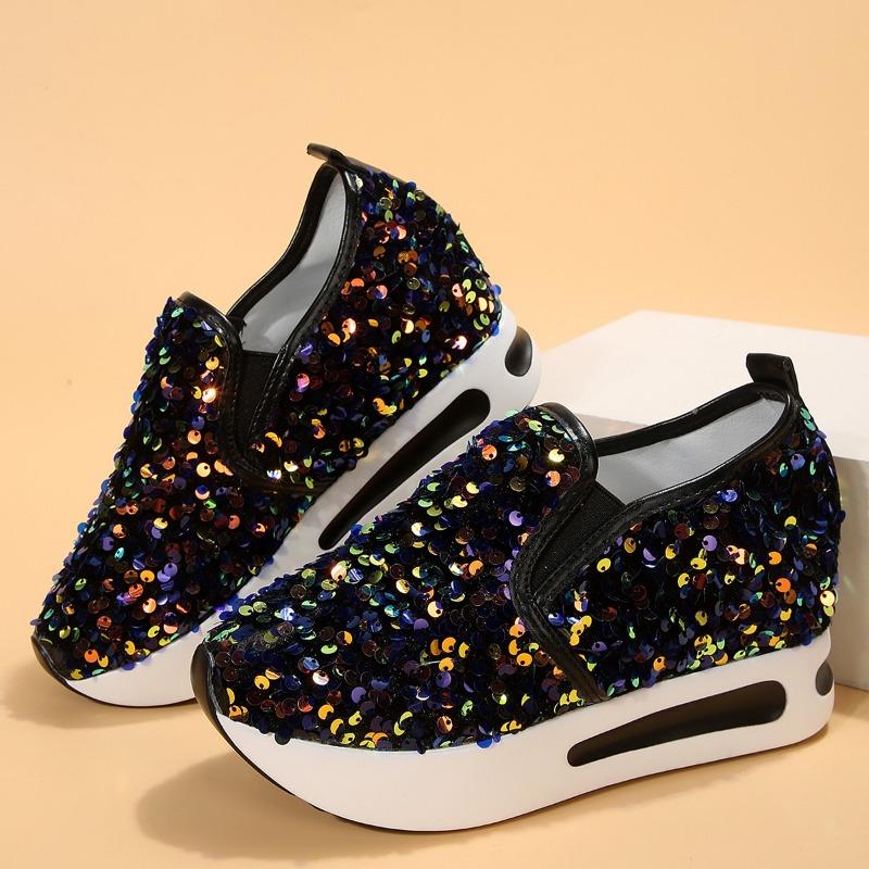 2024 Women's Sequins Platform Sneakers Loafers Casual Slip On Wedge Sports Shoes Fashion Sneakers Walking Trainers
