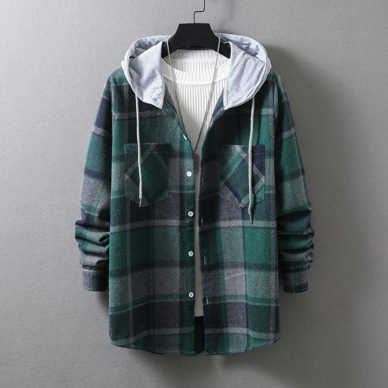 Spring and Autumn Men's Casual Long Sleeve Plaid Hooded Shirt Men's Trend Fashion Loose Shirt Jacket