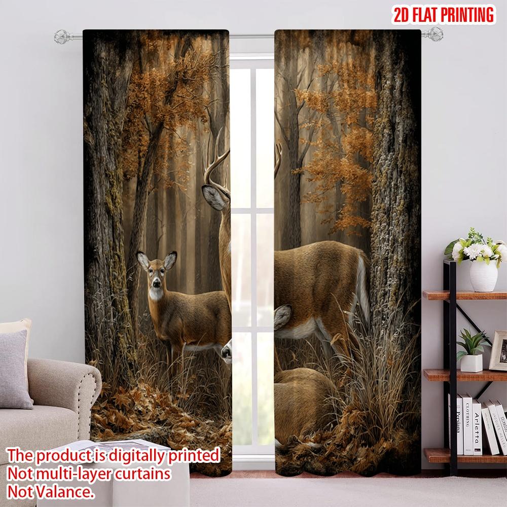 2pcs 2D Flat Printing Window Treatment Curtains Whitetail Deer Family Forest Digital Printed Polyester Drapes Holiday