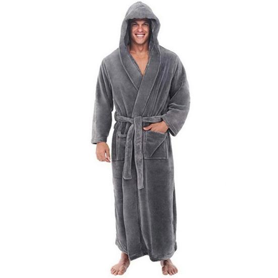 Men Hooded Bathrobe with Adjustable Belt Super Soft Fluffy Highly Absorbent Solid Color Pocket Design Male Bathrobe