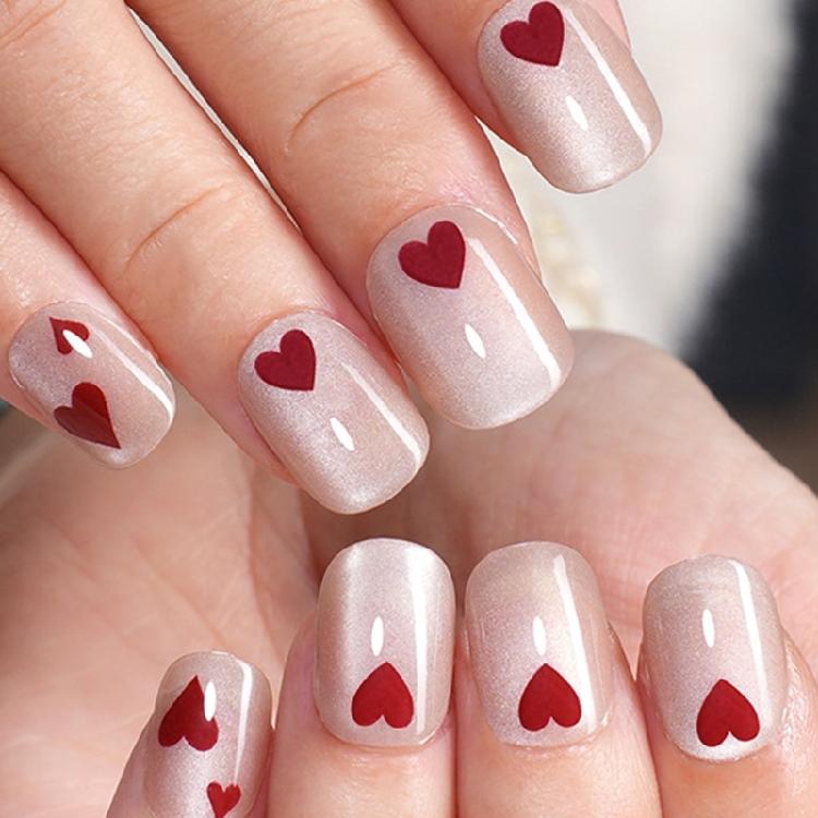 24Pcs Heart Pattern Short Square Press On Nail Fashion Cats Eye False Nail Suitable For Adults And Children