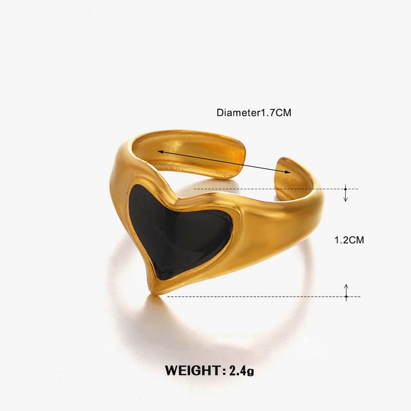 Stainless Steel Gold Color Heart Open Rings For Women Vintage Black Drip Oil Adjustable Couple Ring Jewelry Valentine's Day Gift