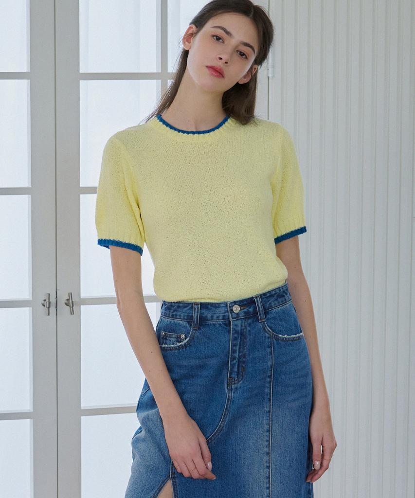 Deuloupisumeon Line Color Block Boucle Short Sleeve Knit [Lemon]