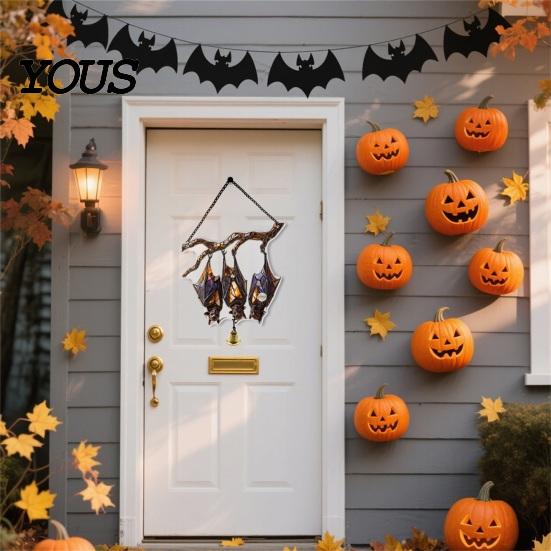 Acrylic Decoration with Bell Halloween 2D Chain, Bell, Stained Glass Ghost Bat Spooky Home Decorations Pumpkin Suncatcher Decor, Window Wall