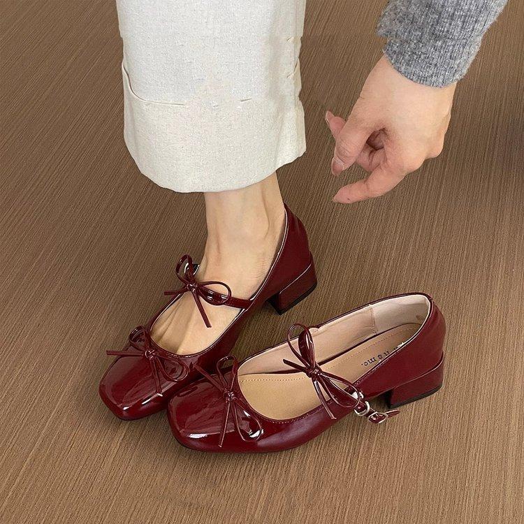 French bow light mouth red single shoes women's spring and autumn new retro fairy ballet thick heel Mary Jane small leather shoes