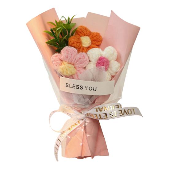 Crochet Flower Bouquet Handmade Knitted Mini Artificial Bouquet Fake Puff Flower Gift for Mother Wife On Birthday Anniversary