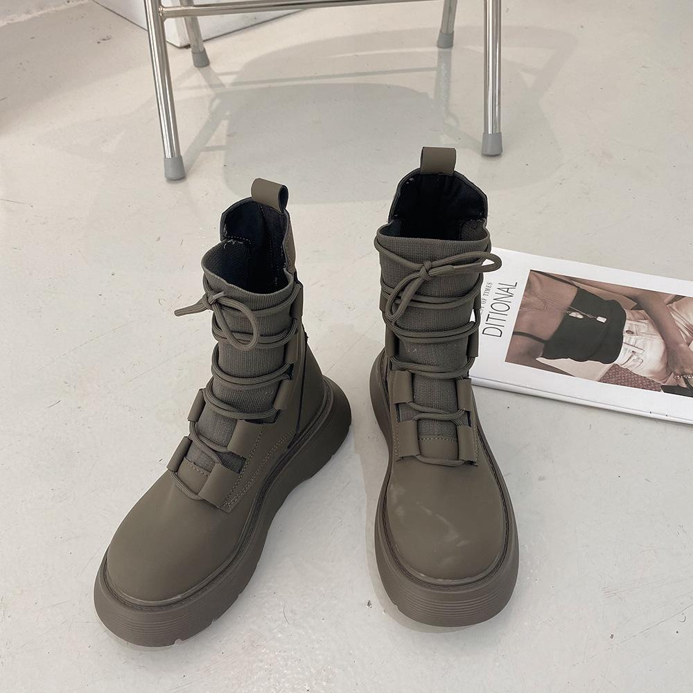 2025 autumn new retro British style fashion lace-up elastic boots female Internet celebrities ins versatile thick-soled thin boots