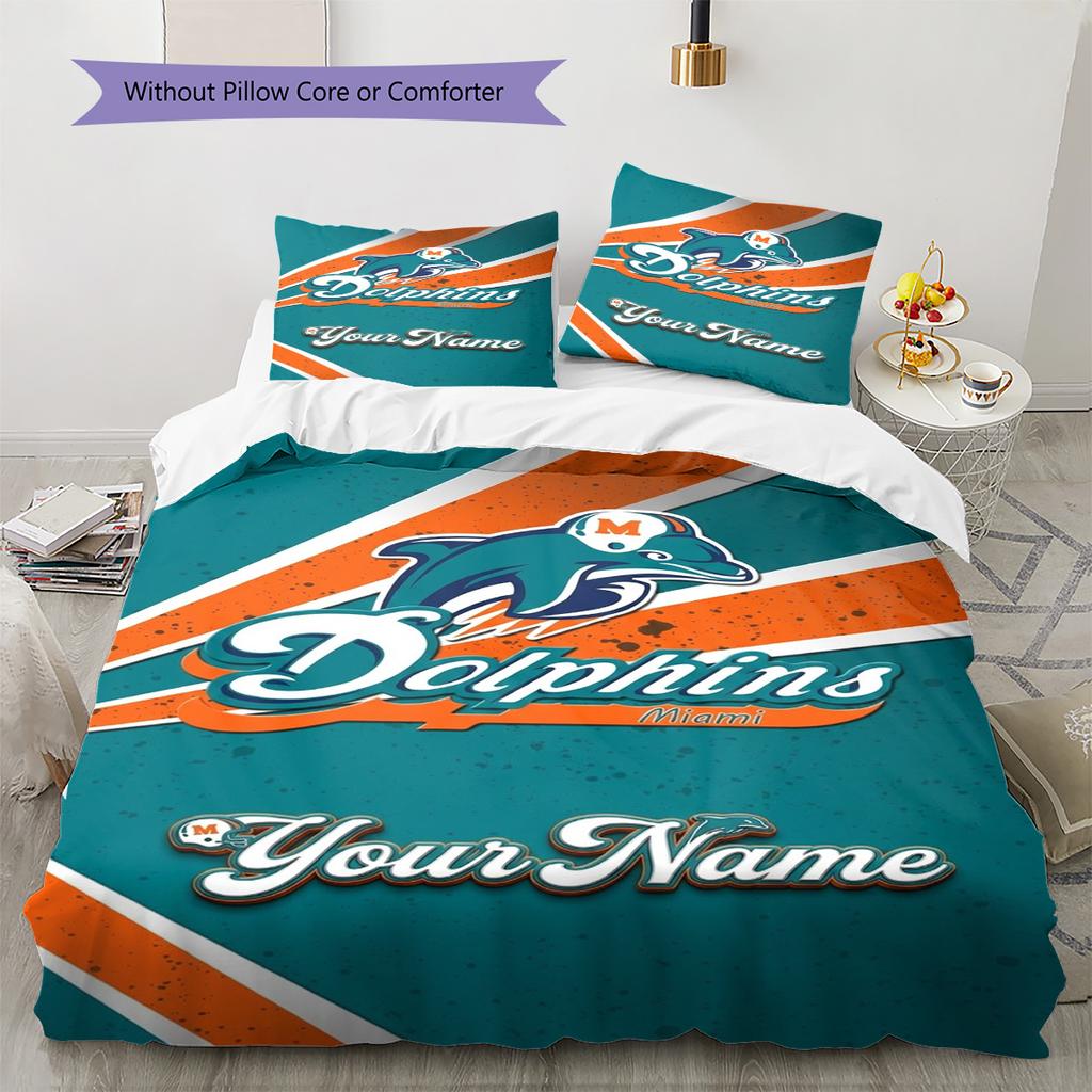 Name Custom Miami Dolphins Pattern Bedding Set Quilt Cover Pillowcase Home Decor Gift (1 * Duvet Cover + 2 * Pillowcase, Without Core)