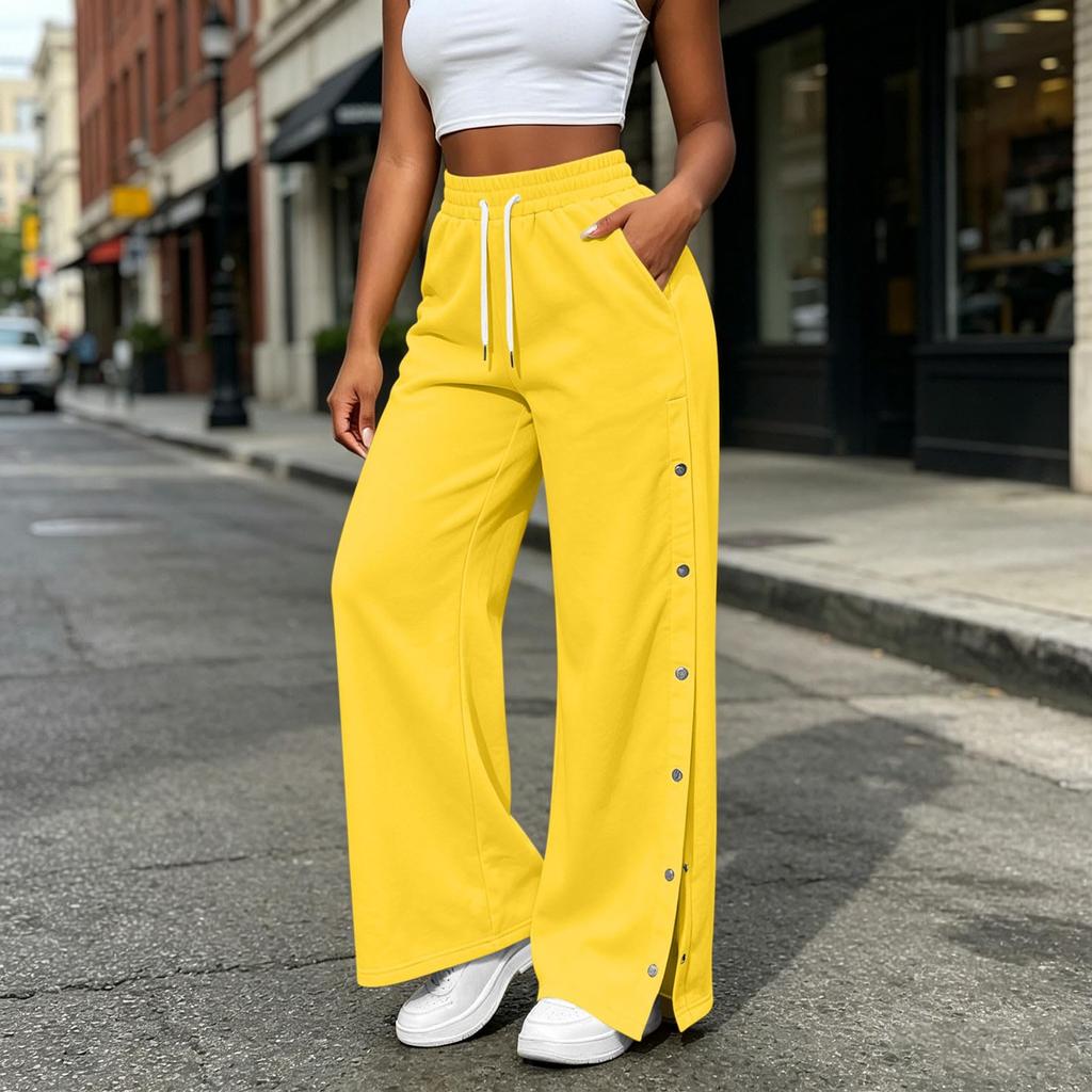 Women's Casual Color Wide Leg Pants with Side Buttons Loose Fit Trousers for Everyday Wear