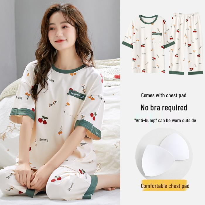 Women's Stretchy Summer Pajamas with Built-in Bra, Short Sleeve Top & Three-Quarter Pants, Round Neck, Pullover, Thin 2-Piece Set for Outdoor Wear.