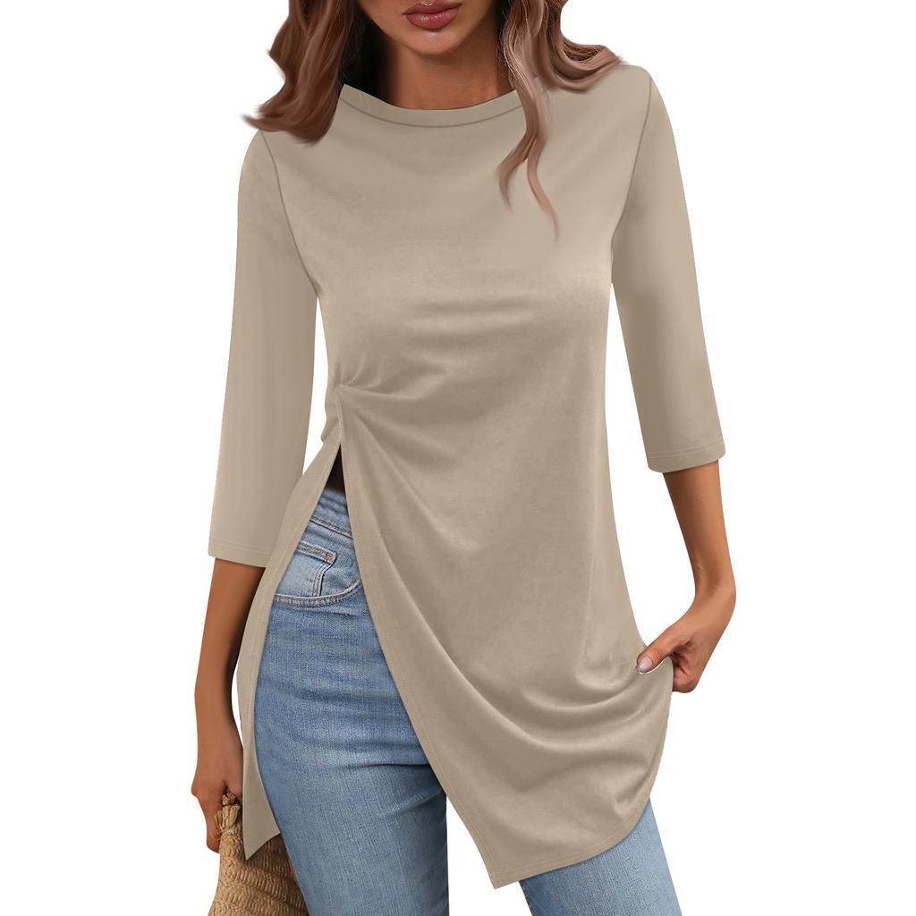 Women's Fashion Casual Split Hem T Shirt Round Neck  3/4 Sleeve  Short Sleeve