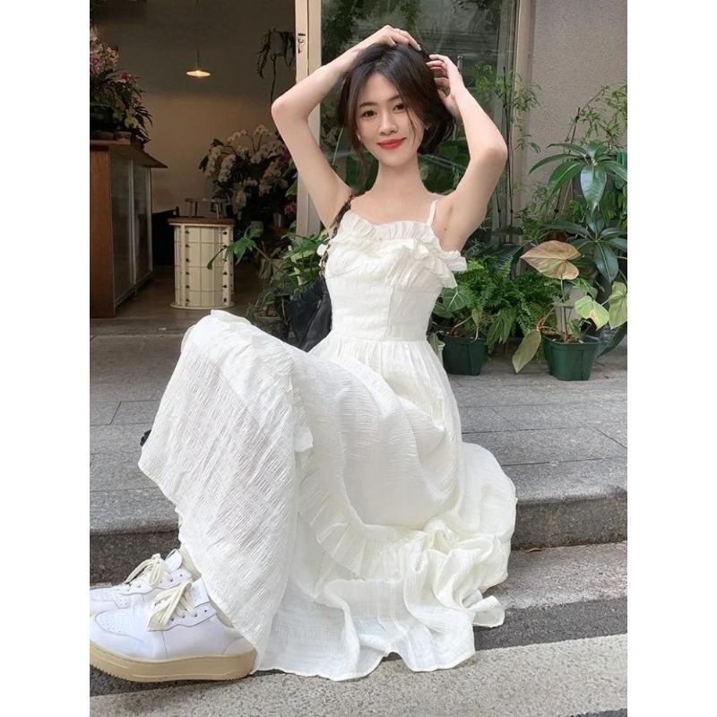 White Dress Women Sweet Ruffles Summer Sleeveless Princess Aesthetic A-line Sundress Holiday Leisure French Style Designed 2023
