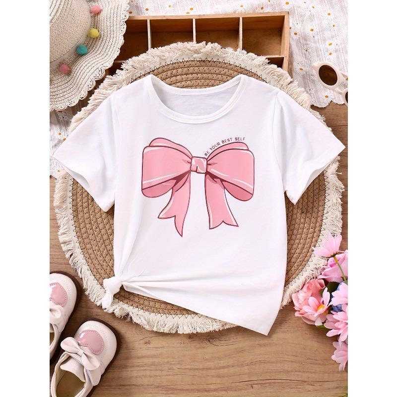 European Size Childrens Crew-neck Short-sleeved T-shirt with Bowknot Pattern Print