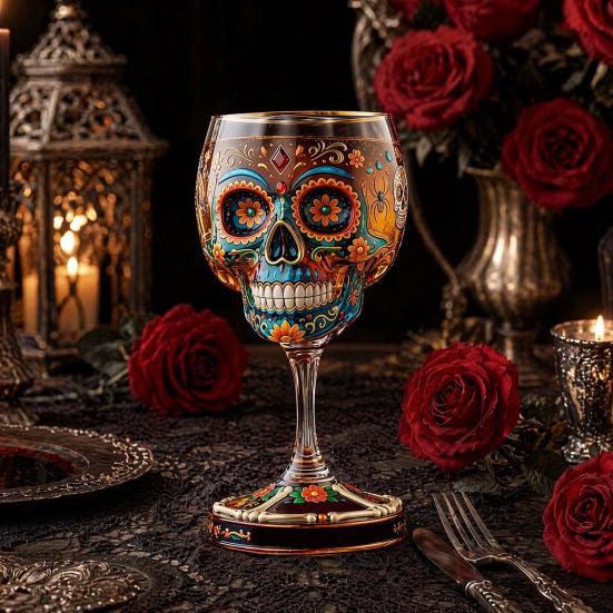 Gootiline kolju veiniklaas, Käsitsi maalitud kolju joogiklaas, Surijate päev (Día de Muertos) kaunistus, Unikaalne baarikink Halloweeni jaoks