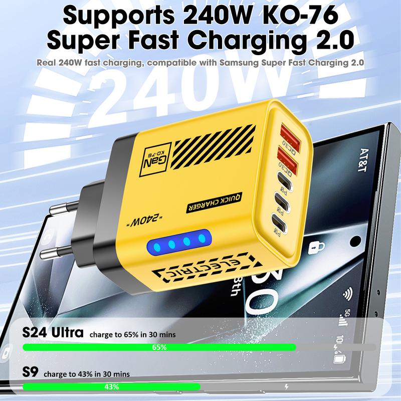 240W 5 In 1 GaN USB C Charger Fast Charging EU/US Plug Wall Charger For iPhone Samsung Xiaomi Type C Phone Charger Power Adapter