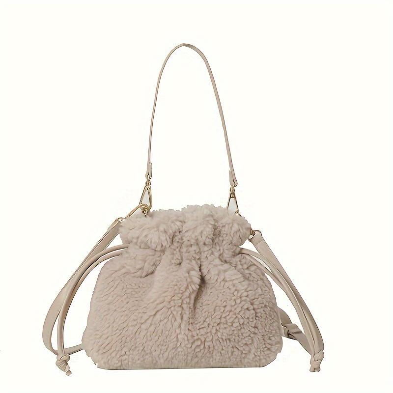Fashionable Mini Plush Crossbody Bag with Drawstring - Soft Fuzzy Bucket Bag for Women, Detachable Strap, Polyester Lined