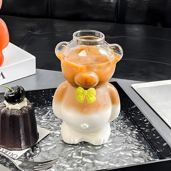 Bear Glass Cup with Straw 320ml Juice Milk Tea Smoothies Drinking Cup