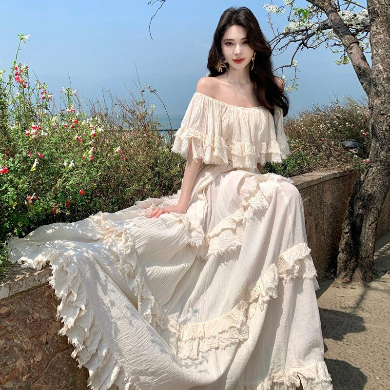 French Retro Ethnic Ruffle Leaf Edge Shoulder Dress Women's Summer Seaside Vacation Feeling Big Skirt Long Dress