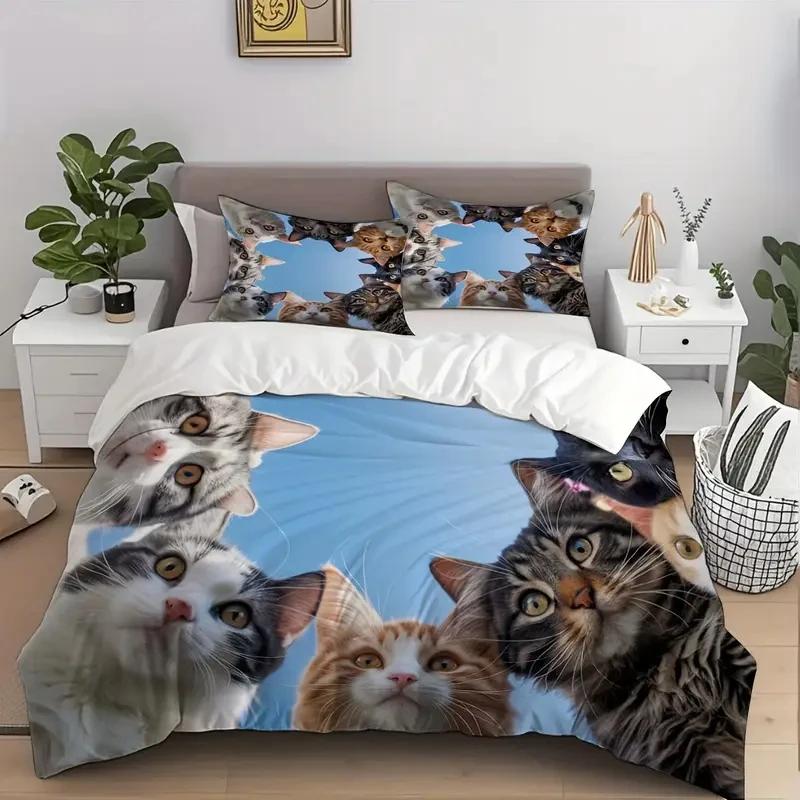 Cute Love Cat 3Pcs Bedding Set 3D Digital Printed Duvet Cover Set Soft Comfortable Breathable Decor For Bedroom, Dorm Lover Gift