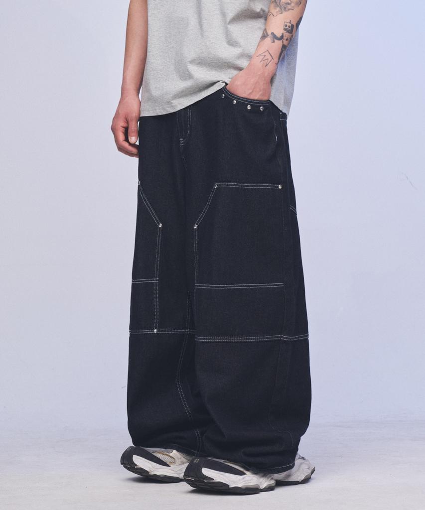 SOMEPLACE MAN Rivet Double Pocket Stitch Detail Oversized Wide Denim Pants _2 Colors