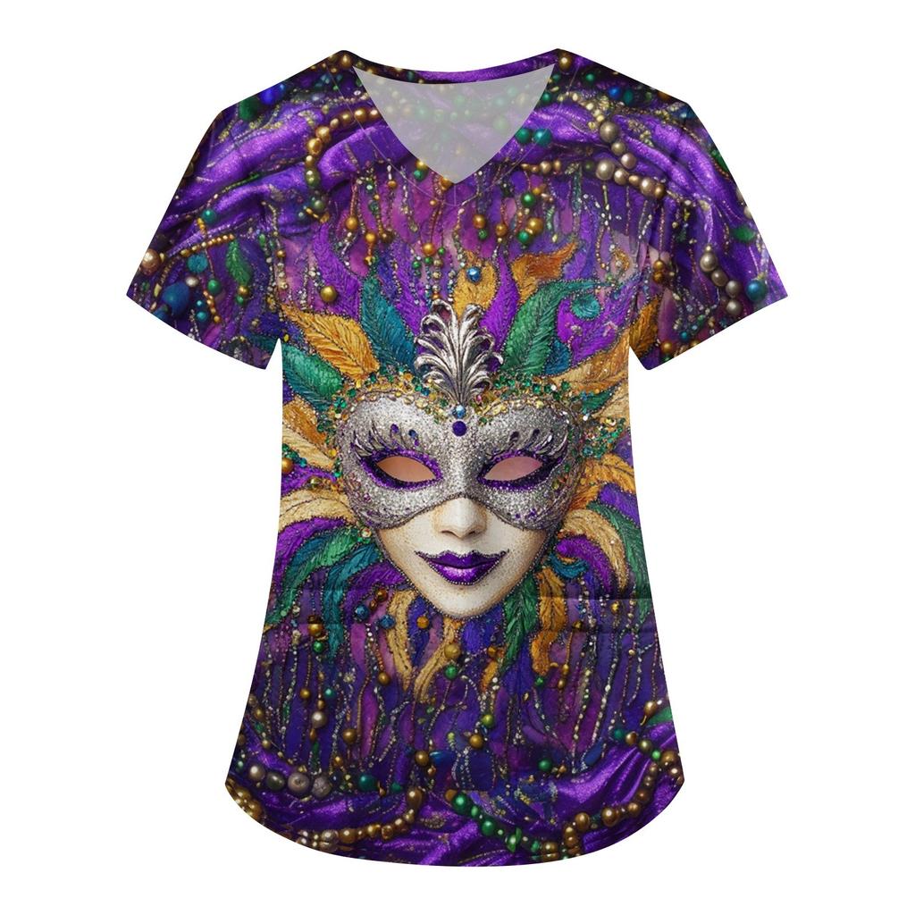 Tops casuales con cuello en V y estampado de carnaval para mujer, top de enfermería seca