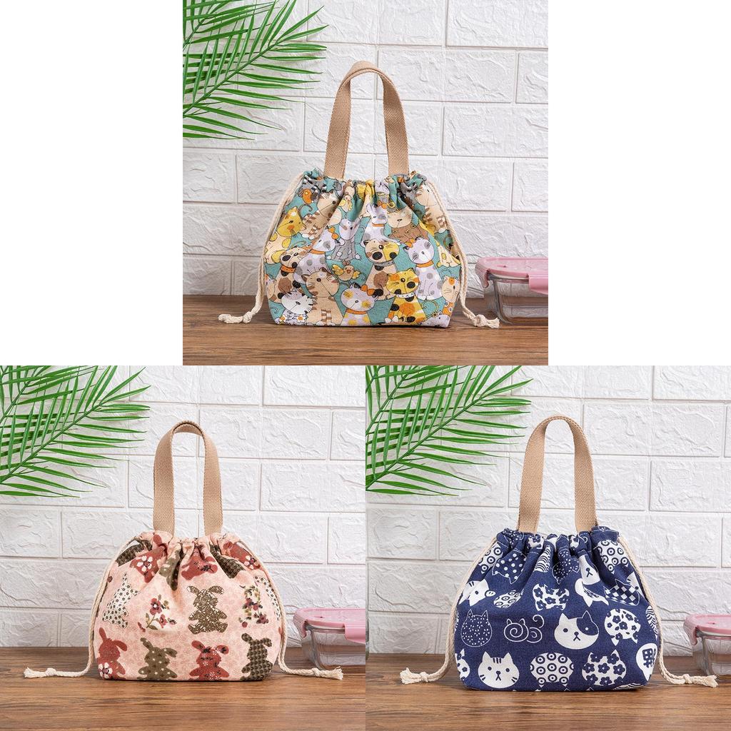 Japanese Lunch Bag Canvas Tote With Retro Bunny Design For Work And School