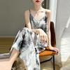 Women's Summer Long-cut Emulated Silk V-neck Design, Silky Satin Ink Painting, Acetate Satin Suspender Skirt