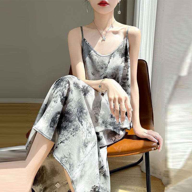 Women's Summer Long-cut Emulated Silk V-neck Design, Silky Satin Ink Painting, Acetate Satin Suspender Skirt
