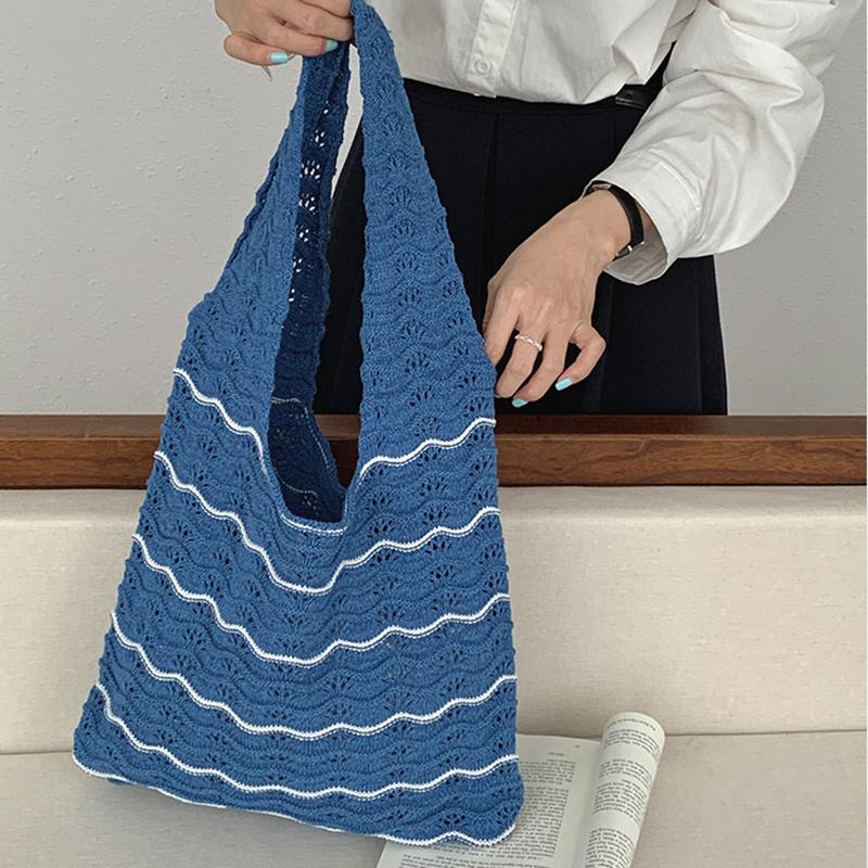 Knitted Large Capacity Stripe Pattern Crochet Tote Bag Beach Vacation Women's Hollow Shopping Shoulder Bags KTY