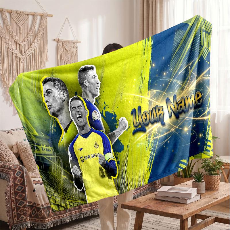 Personalisierte Fleece-Decke Cristiano Ronaldo mit Fußball-Logo, Individueller Name Text Weich Warm Home Überwurfdecke