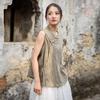 Johnature Women Vintage Shirts Tops Stand Sleeveless Button Blouses Summer Tie-dye Chinese Style Shirts