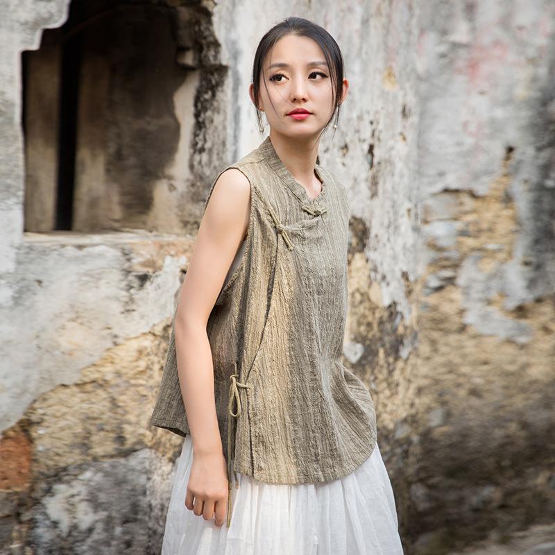Johnature Women Vintage Shirts Tops Stand Sleeveless Button Blouses Summer Tie-dye Chinese Style Shirts