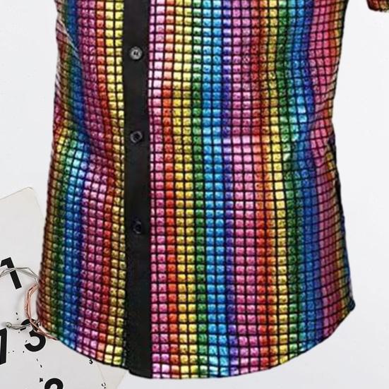 Men Club Shirt Mens 70s Disco Costume Vinatge Turn-down Collar Reflective Shiny Sequins Short Sleeve Button Down Shirt