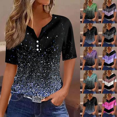 Mujer Camiseta Camiseta Estampado Botón Manga Corta Diario Fin de Semana Moda Básico Escote en V Regular Top
