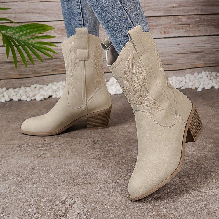 Women's Boots Autumn and Winter New V-mouth Embroidery Sleeve Thick Heel Knight Boots Retro Medium Tube Pointed Western Cowboy Boots