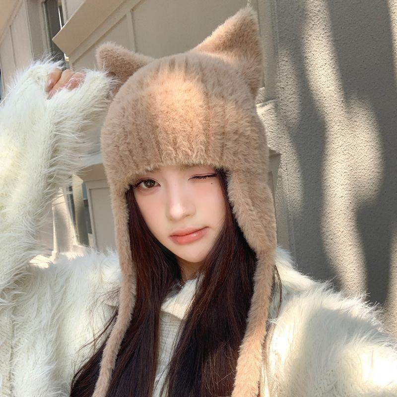 Korean BrandNew Hat for Women In FallSeason and ColdSeason Solid Color Knitted Wool Hat Cute Cat Ears ColdSeason Windproof Warm Ear Protection Hat