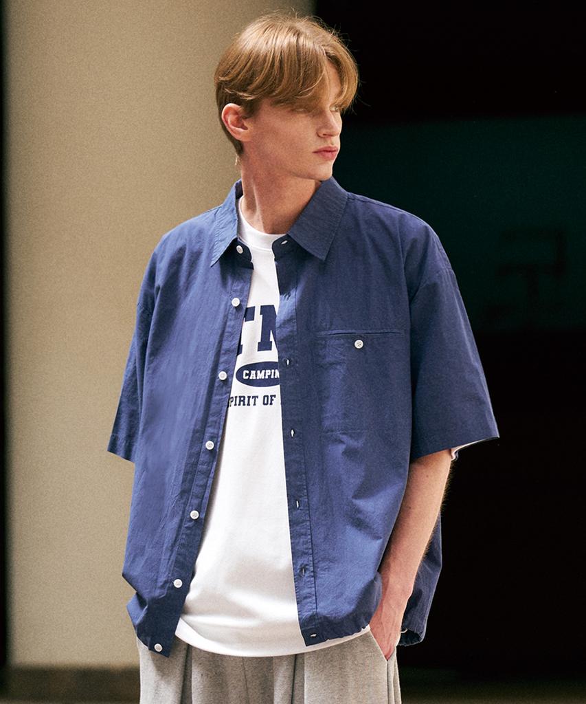 LIKE THE MOST String Point Pocket Short Sleeve Shirt_Navy