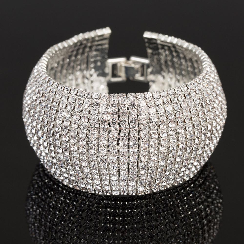 New Sparkly Chunky Silver Bracelet Jewelry Accessories Gold Color Crystal Bracelet Party Bangle 3.3cm Width Rhinestone Bracelet