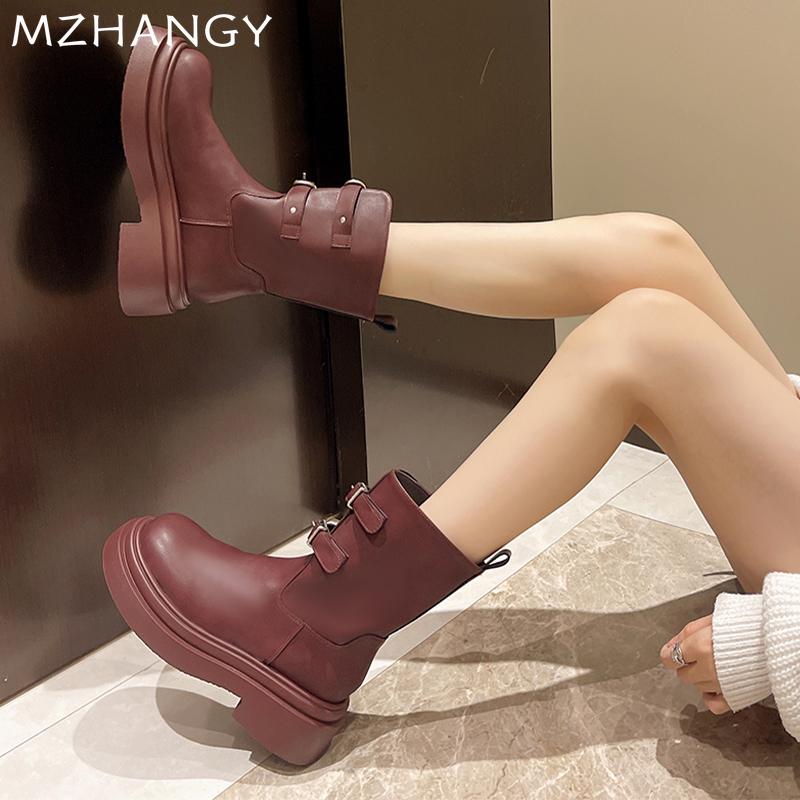 Mode Platform Dames Sneeuw Mid-Kalf Laarzen Flats Leren Schoenen Vrouw 2024 Trend Mode Chelsea Boots Winter Nieuwe Motorlaarzen Mujer