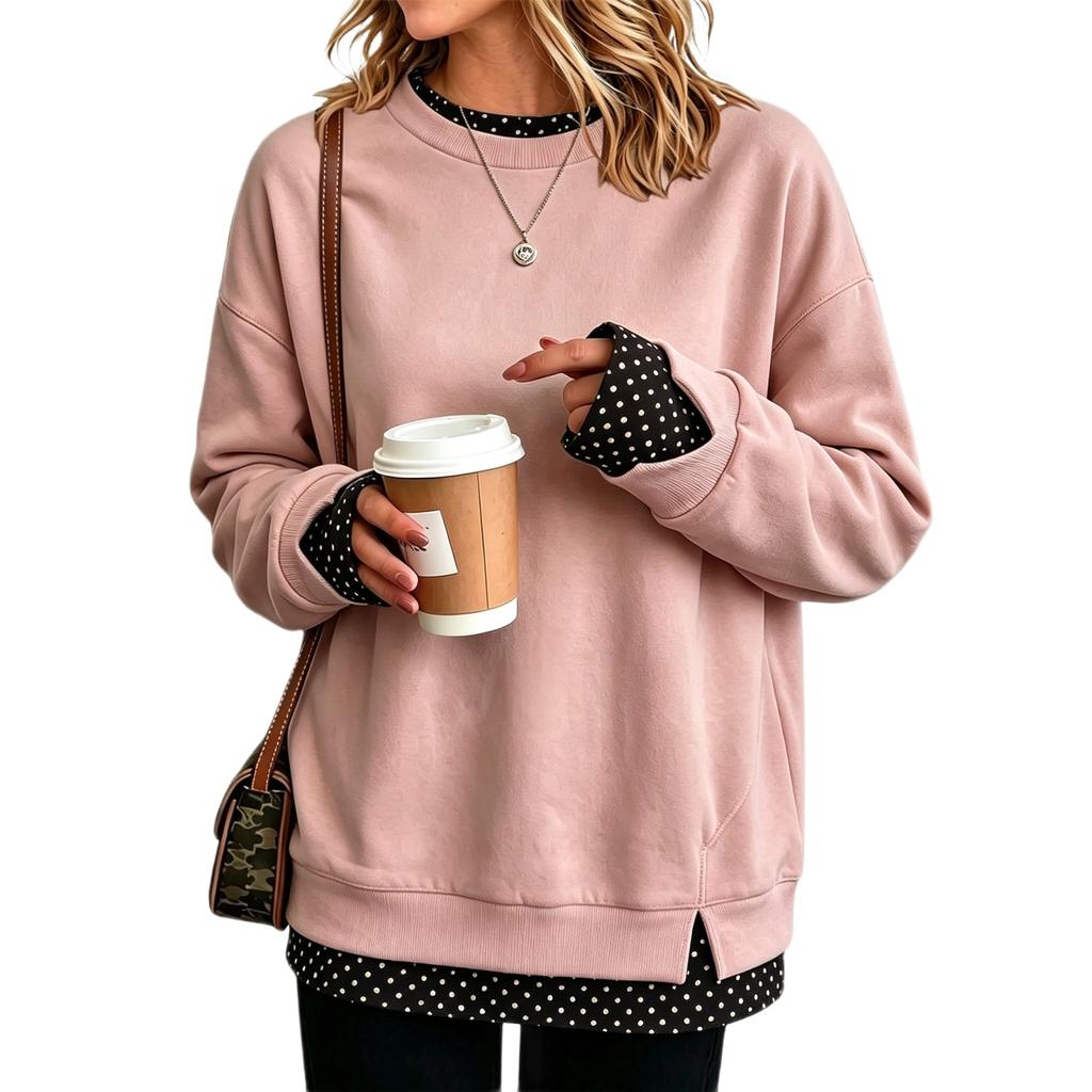 Women's Casual Two Piece Polka Dot Long Sleeve Loose Fit Sweatshirt
