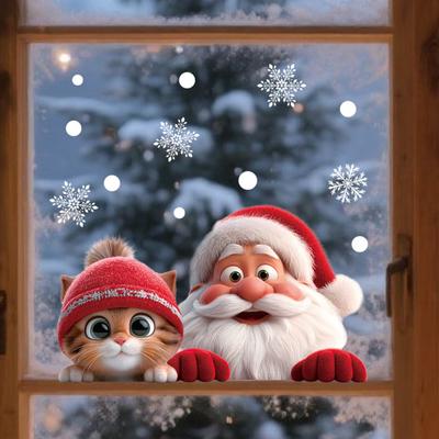 Weihnachtsmann Katze Fensteraufkleber Abnehmbar Wasserdicht PVC Winter Frohe Weihnachten