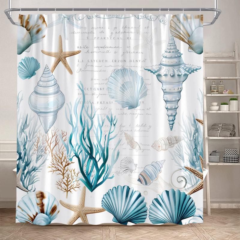 Nautical Ocean Shower Curtains Blue Shell Conch Seaweed Starfish Bath Curtain Set Polyester Fabric Bathroom Decor With Hooks
