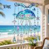 Window Hanging Crystal Pendant Ocean-Themed Wind Chime, Stained Acrylic Jellyfish Seahorse Pufferfish Suncatcher Glass Style with Prism Drops, Coastal