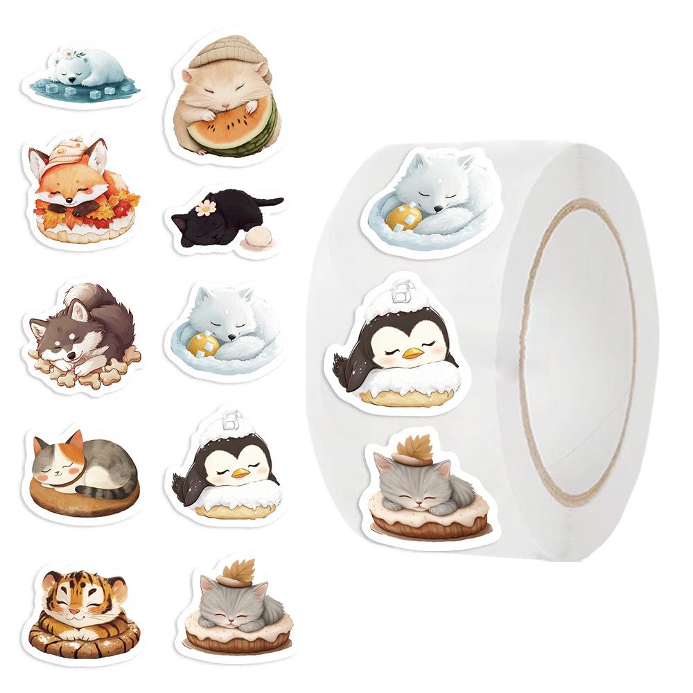500 Pieces/roll Roll Stickers Tape Sleeping Animal Stickers Handbook Material Decorative Envelope Seal Stickers