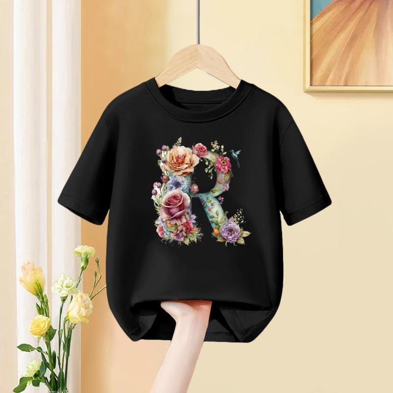 A B C D Combination Font Girls T Shirt Flower Print Casual Tops Custom Name Letter Kids Black Tee Shirt