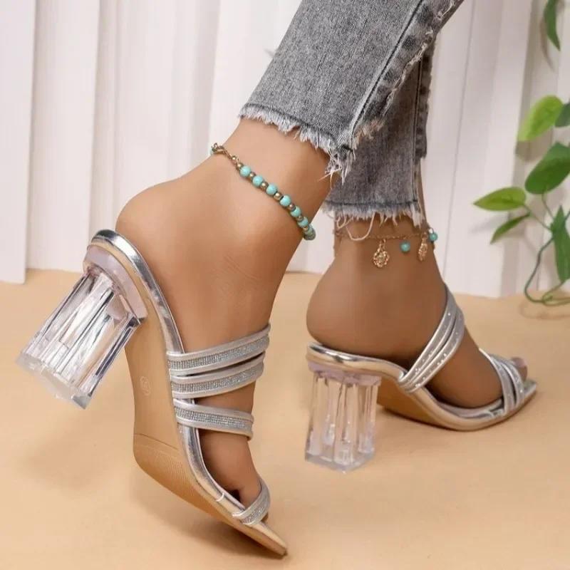 Damen Schuhe 2025 Zehenfrei Kleider Hausschuhe Damen Übergröße Kristall Eckige Zehe Klobige Hohe Absätze Modern Elegant Damen Sandalen