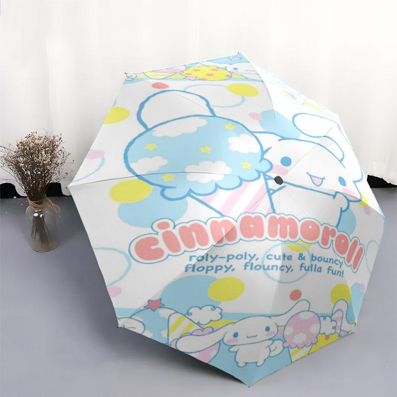 Portable travel umbrella with cute Sanrio character designs, UV-protective folding umbrella.